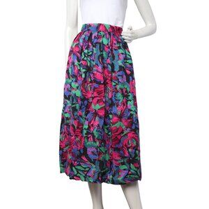 Vintage Floral Midi Cotton Skirt Pleated Cottagecore Summer Bright Pink Blue